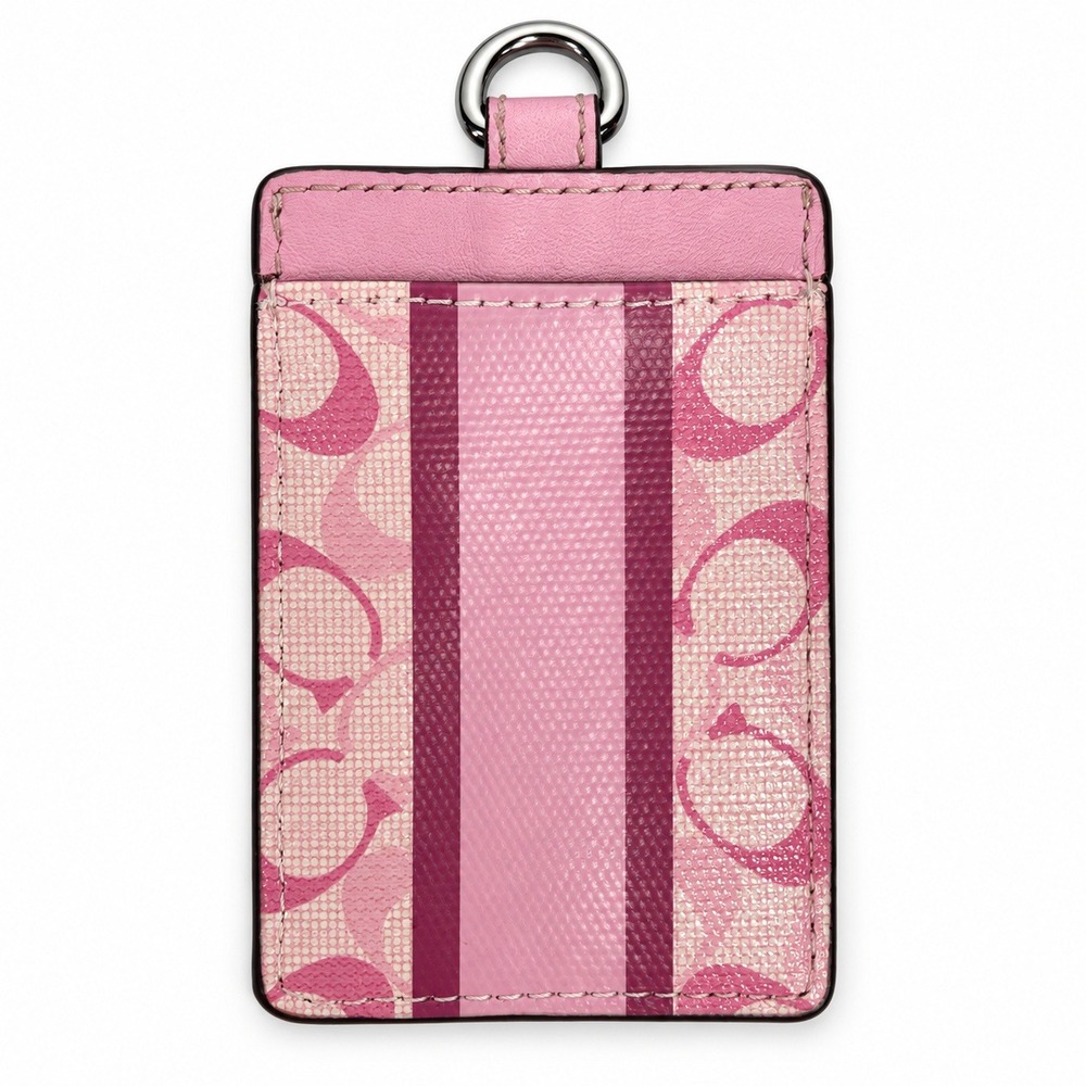 Coach ID Lanyard Case Pink Signature Monogram Stripe Designer Card Case Wallet
